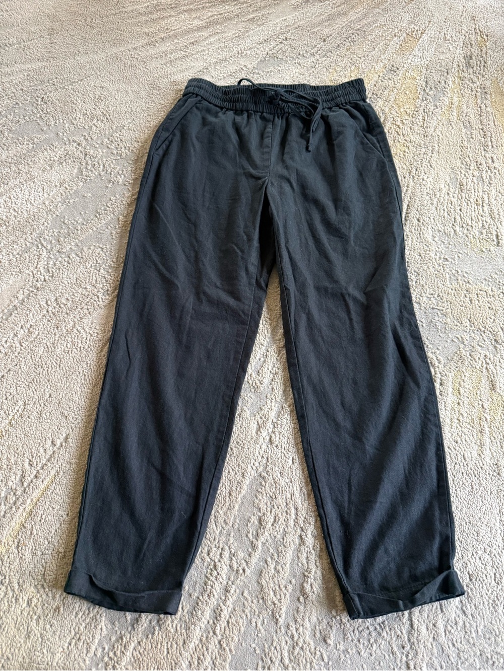 J. Crew Black linen cotton Pants pull on high rise drawstring cuffed size 2